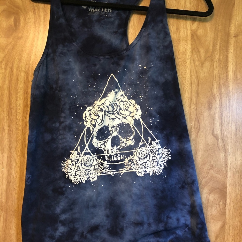 Black and blue tie dye tank with skull